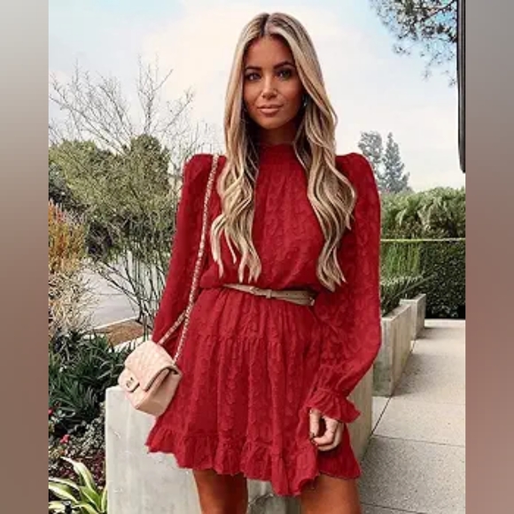 Kikula Women's Long Sleeve Mock Neck Dress Elastic High Waist Lace Ruffle - Picture 3 of 8